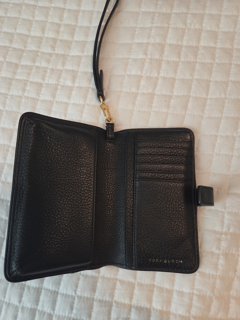 Tory Burch Black Leather Wristlet Wallet with Gold Logo - Picture 5 of 6